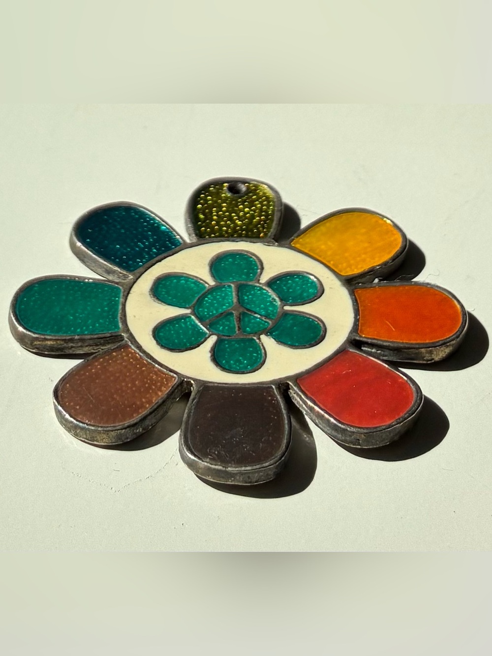 Vintage 1990s Multi-Color Enamel Flower Pendant Peace Sign Key Chain Necklace